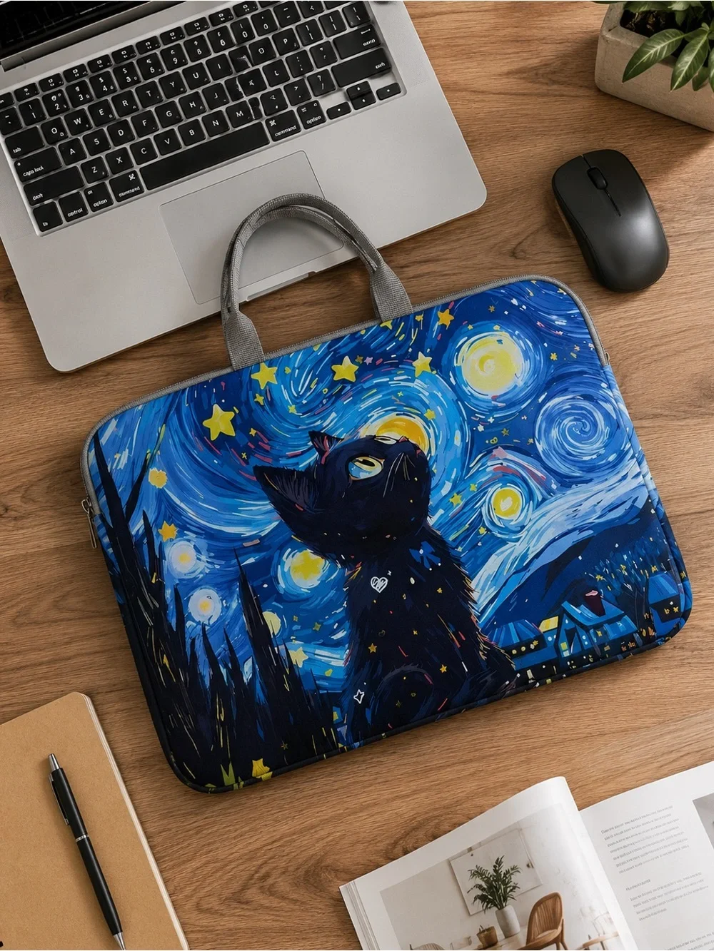 NWT Starry Night Black Cat 14” Laptop Sleeve Carrying Case Bag